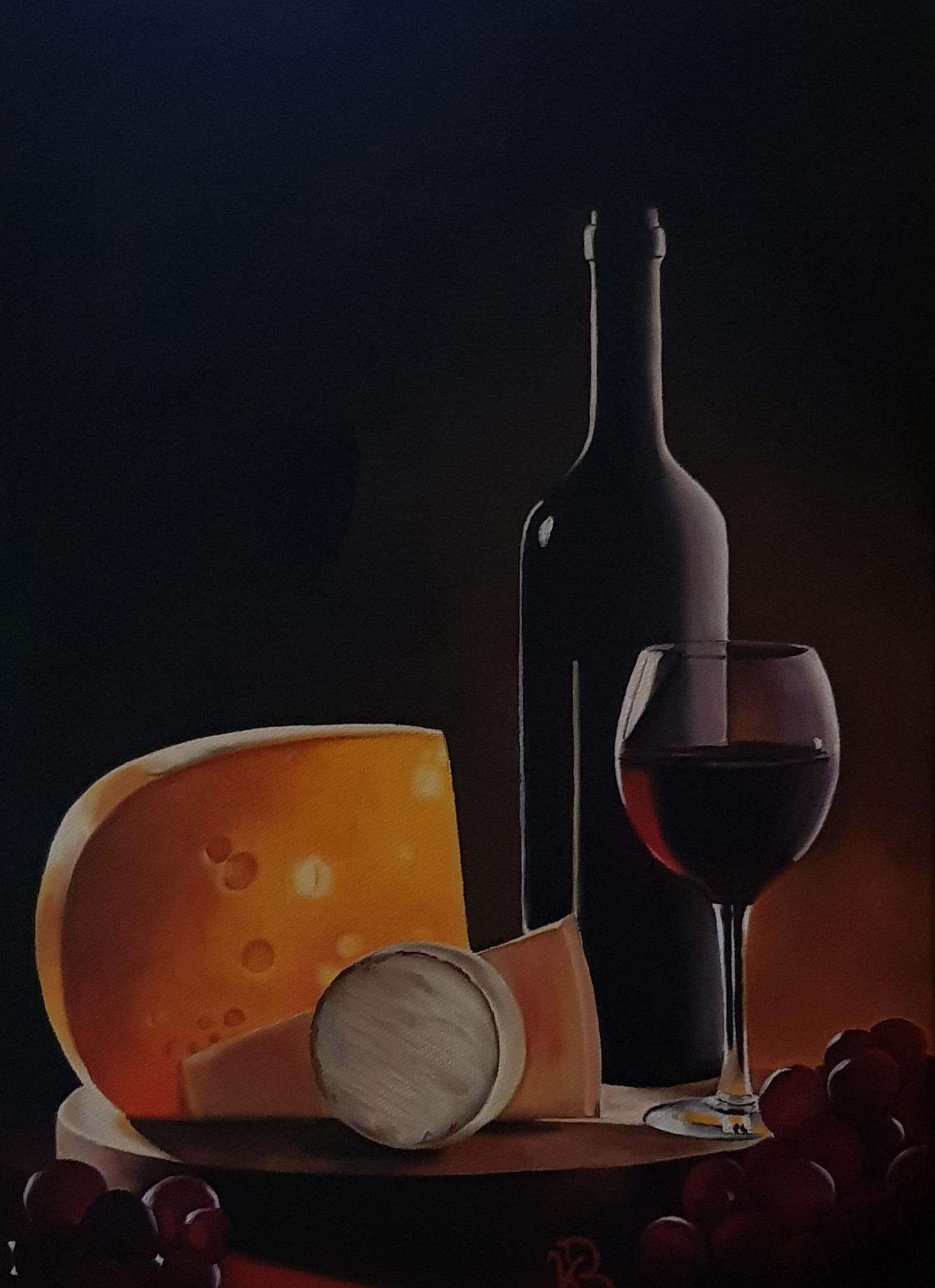 Nature morte, vin et fromage (30×40)